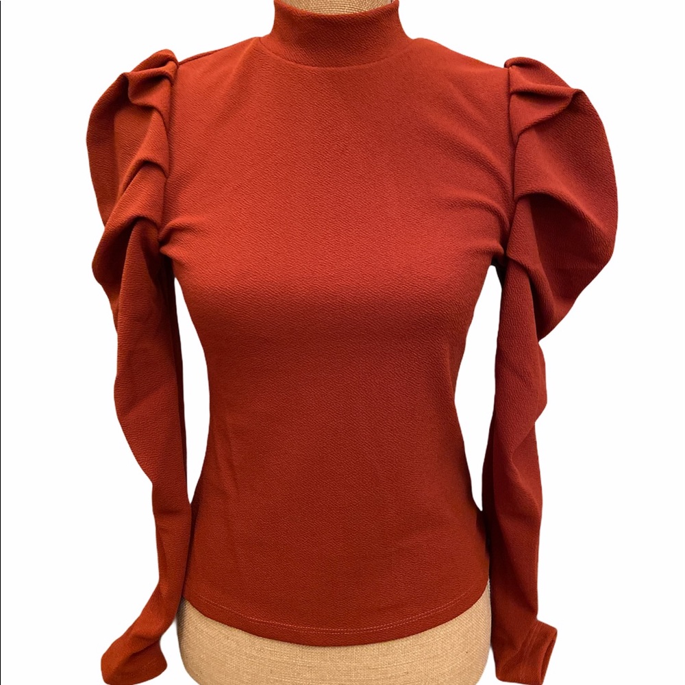 Long Sleeve Puffed Shoulder Turtle Neck Top